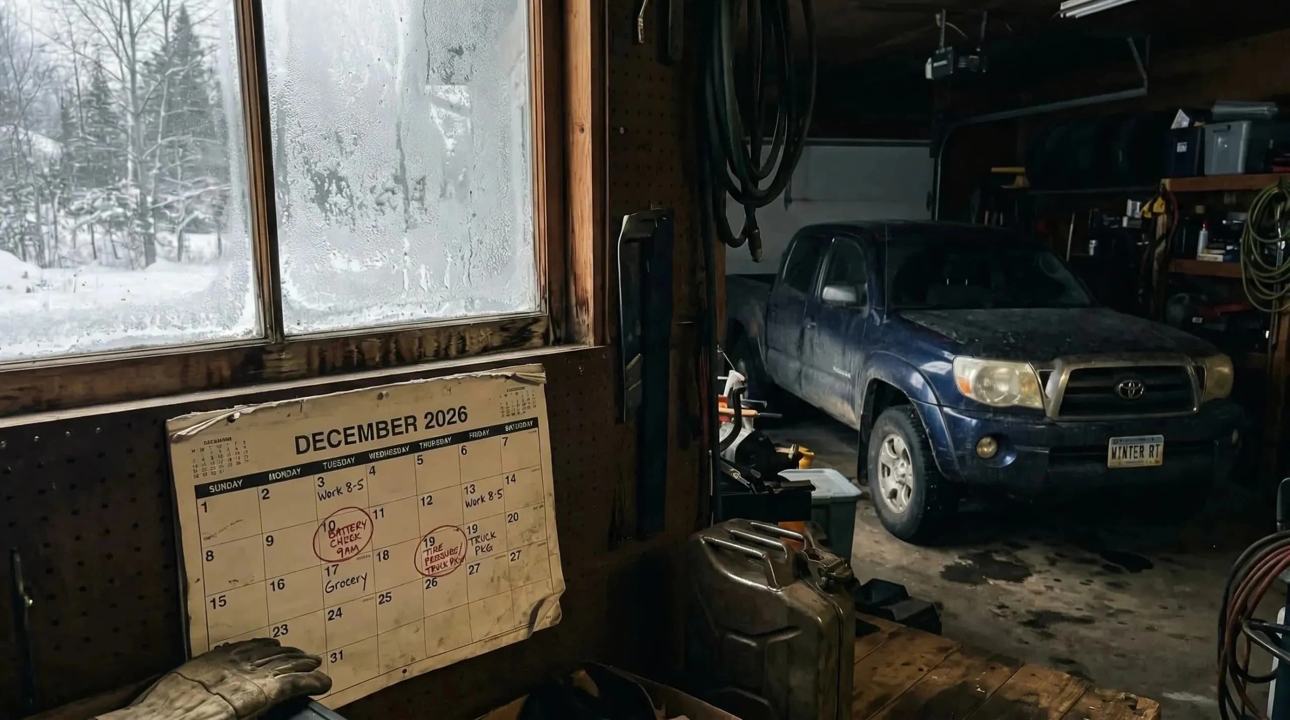 Garage avec voiture et calendrier décembre 2026