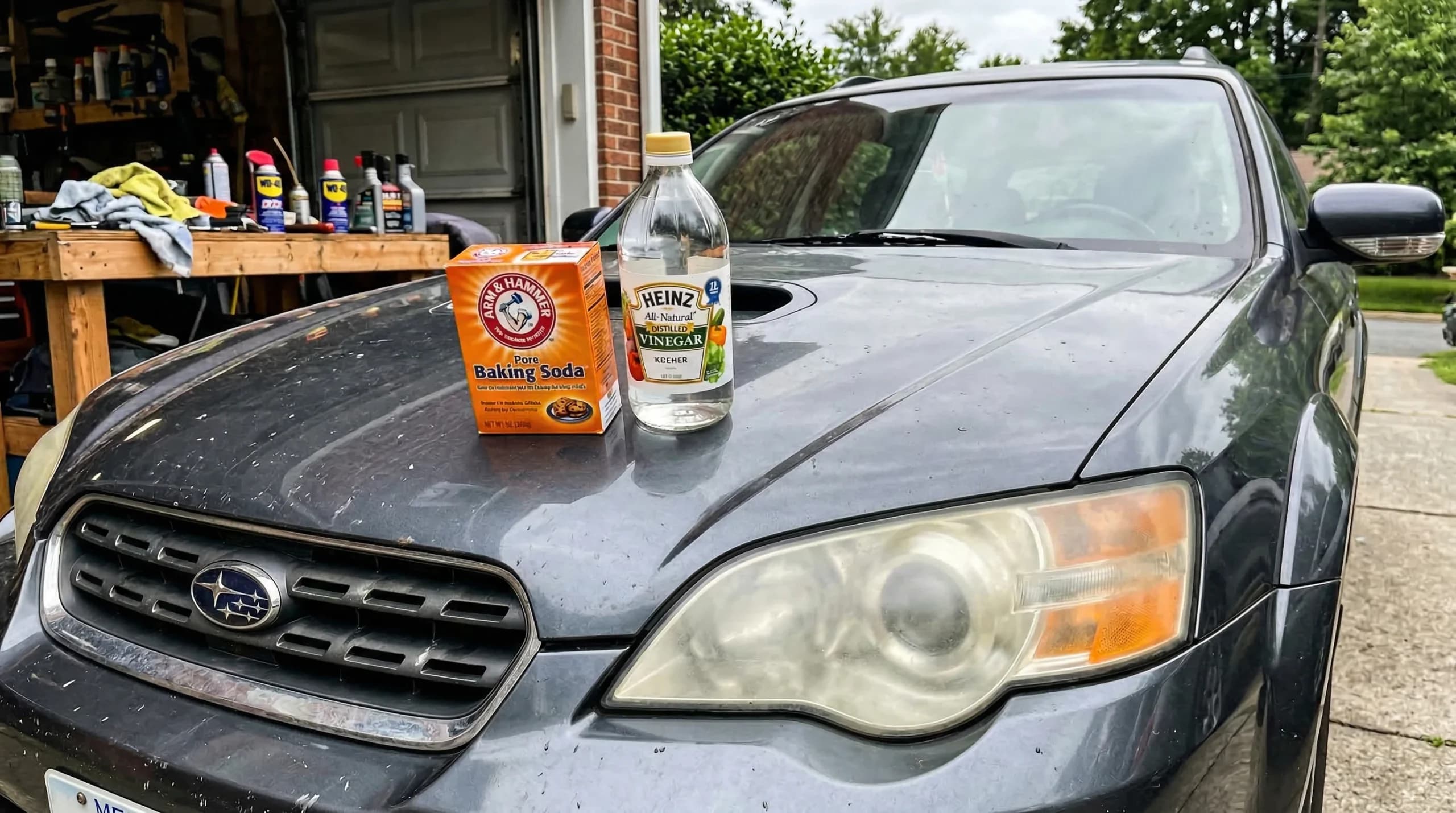 Car hood with baking soda and vinegar