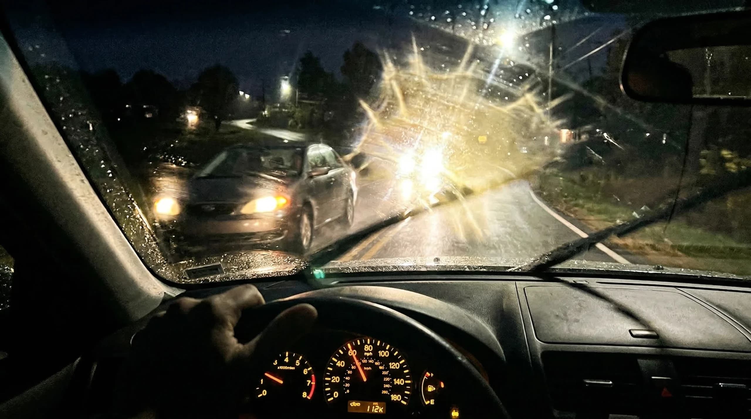 Driving in the rain at night on a wet road