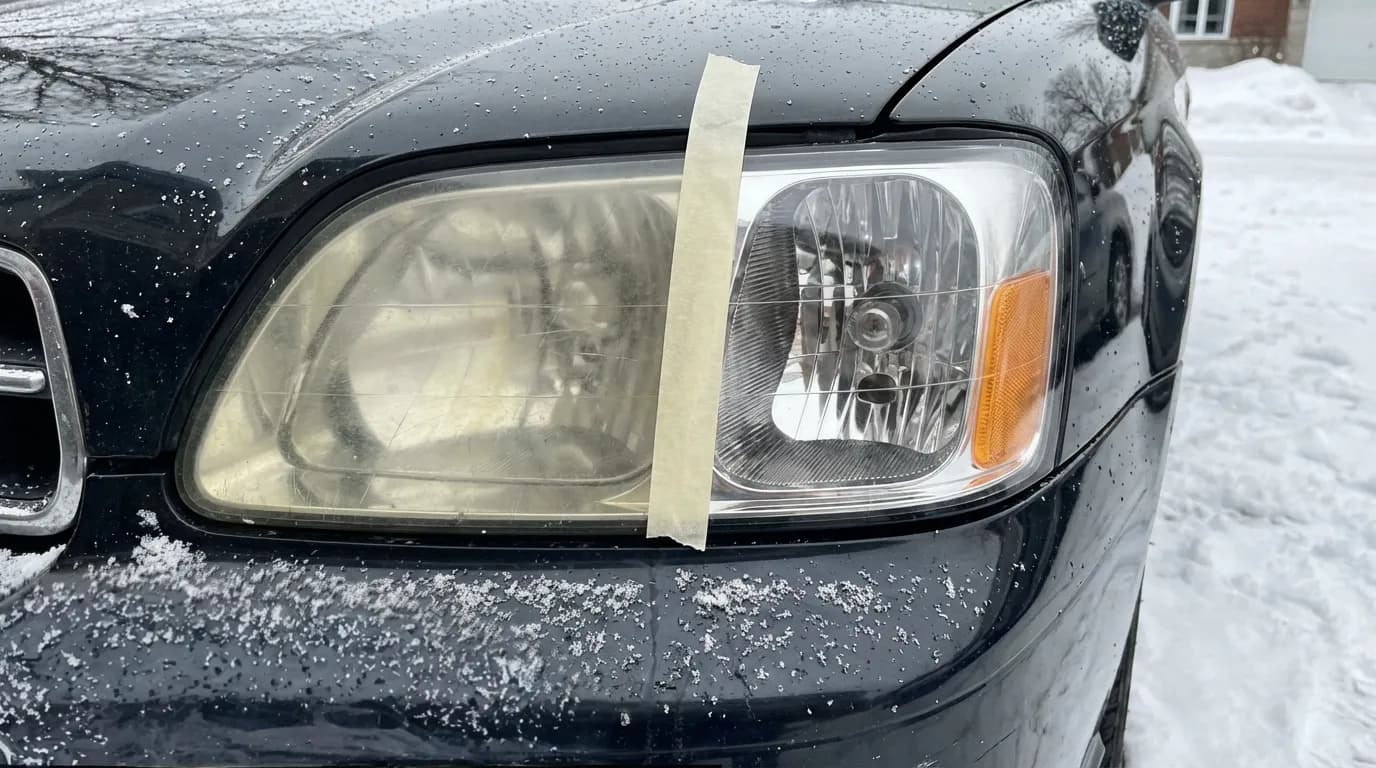 Car headlight with tape in the middle