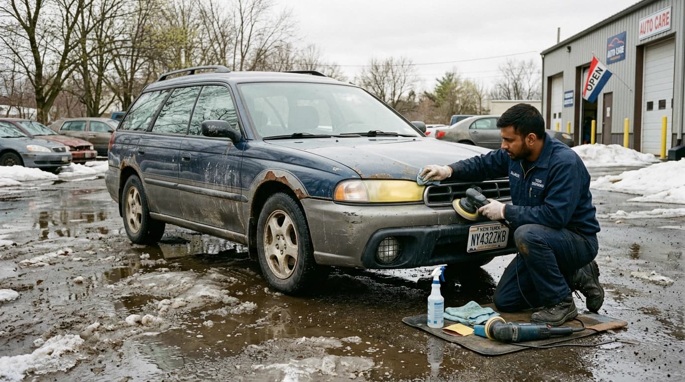 Man repairing car bumper in front of garage.