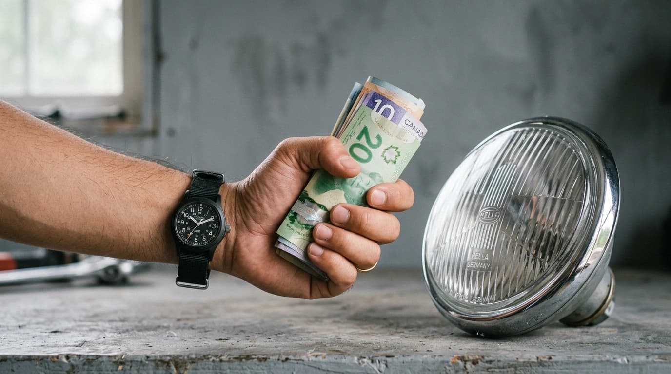 Hand holding Canadian money with a watch