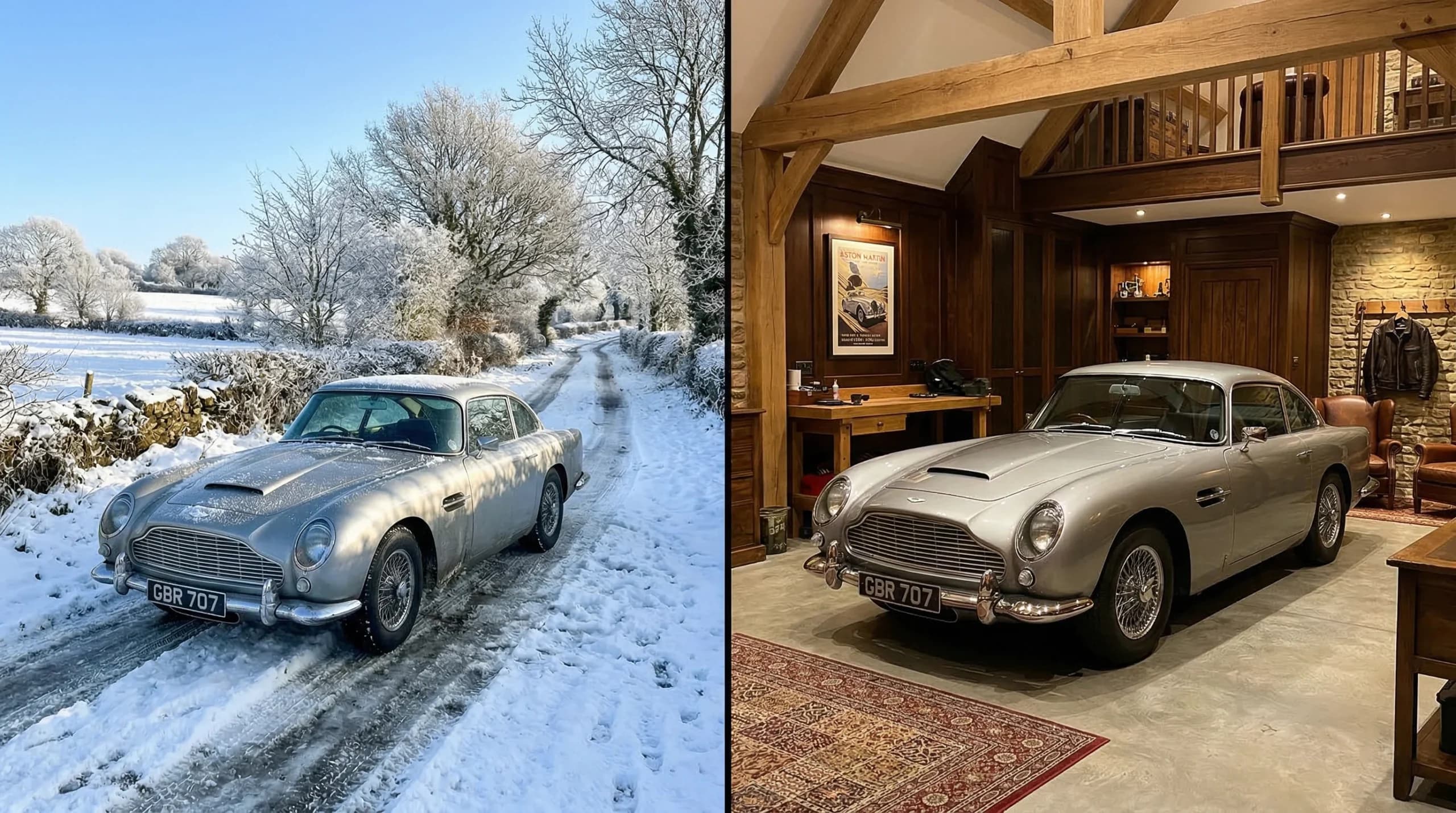 Classic car on snowy road and in garage